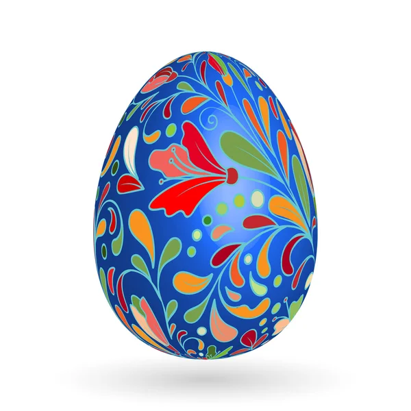 Colorful easter egg with ornate doodle floral decoration. Colorful floral pattern on blue egg. — Stock Vector