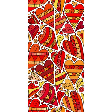 Doodle textured hearts seamless decorative line. Hand drawn henna borders.  Tattoo. Orange red bright pattern.