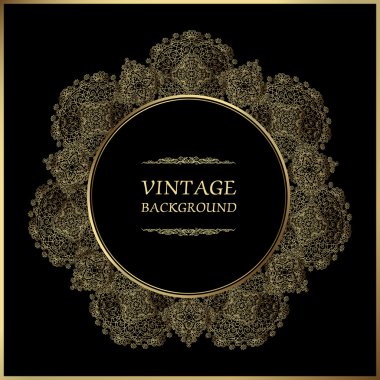 Vintage background, ornamental round frame, vector gold label template. Golden frame on black background.