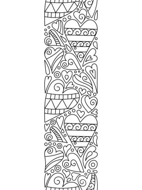 Vector doodle hearts seamless border. Zentangle decorative element. Color book page.