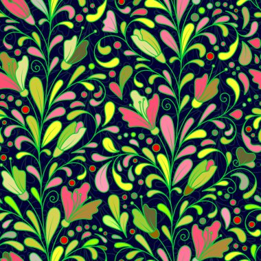 Fantasy flowers seamless pattern. Floral ornament  on dark background for fabric, textile, cards, wrapping paper, wallpaper template. Ornamental bright motif