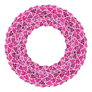 Round frame, lined hearts. hand drawn style, doodles hearts border, beautiful frame for your design. Dotted elements for Valentines day. Vector illustration. Pink, lilac colors.