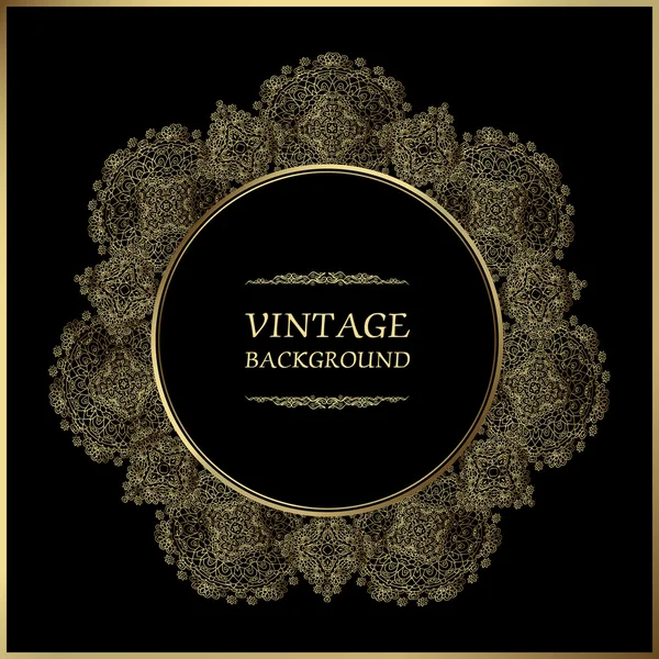 Vintage background, ornamental round frame, vector gold label template. Golden frame on black background. — Stock Vector