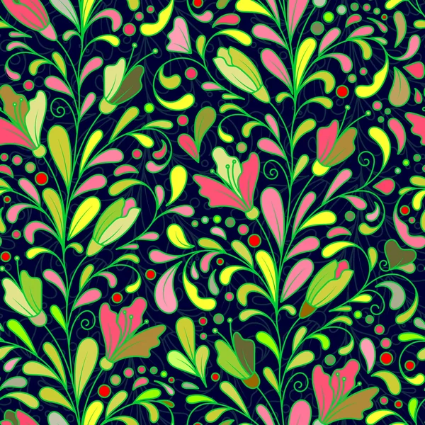 Fantasie Blumen nahtlose Muster. Blumenschmuck auf dunklem Hintergrund für Stoff, Textilien, Karten, Geschenkpapier, Tapeten-Vorlage. ornamentales helles Motiv — Stockvektor