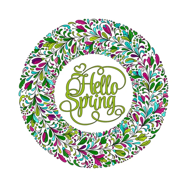 Stylized wreath with doodle flowers. Round floral frame for your text. Hello spring card template. — Stok Vektör