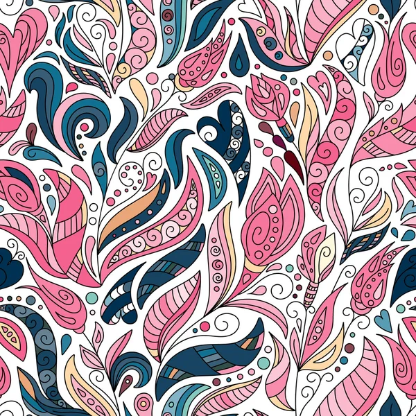 Motif de couleur sans couture vectoriel de spirales, tourbillons, gribouillis et fleurs — Image vectorielle