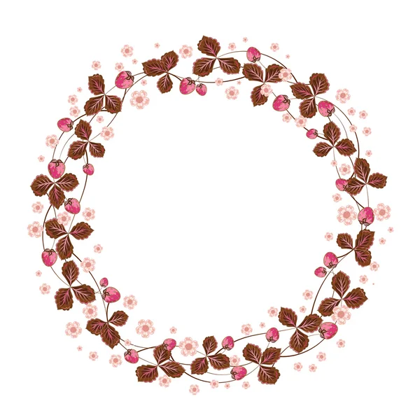 Vector banner design with strawberry and place for text. Floral Frame. Cute pink brown strawberries and leaves arranged un a shape of the wreath perfect for wedding invitations and birthday cards — Stock Vector