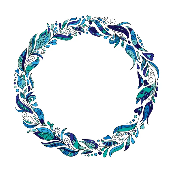 Hand drawn wreath with blue flowers and leaves. Round frame for invitation cards on you design. Vector layout with copyspace — Stockvector