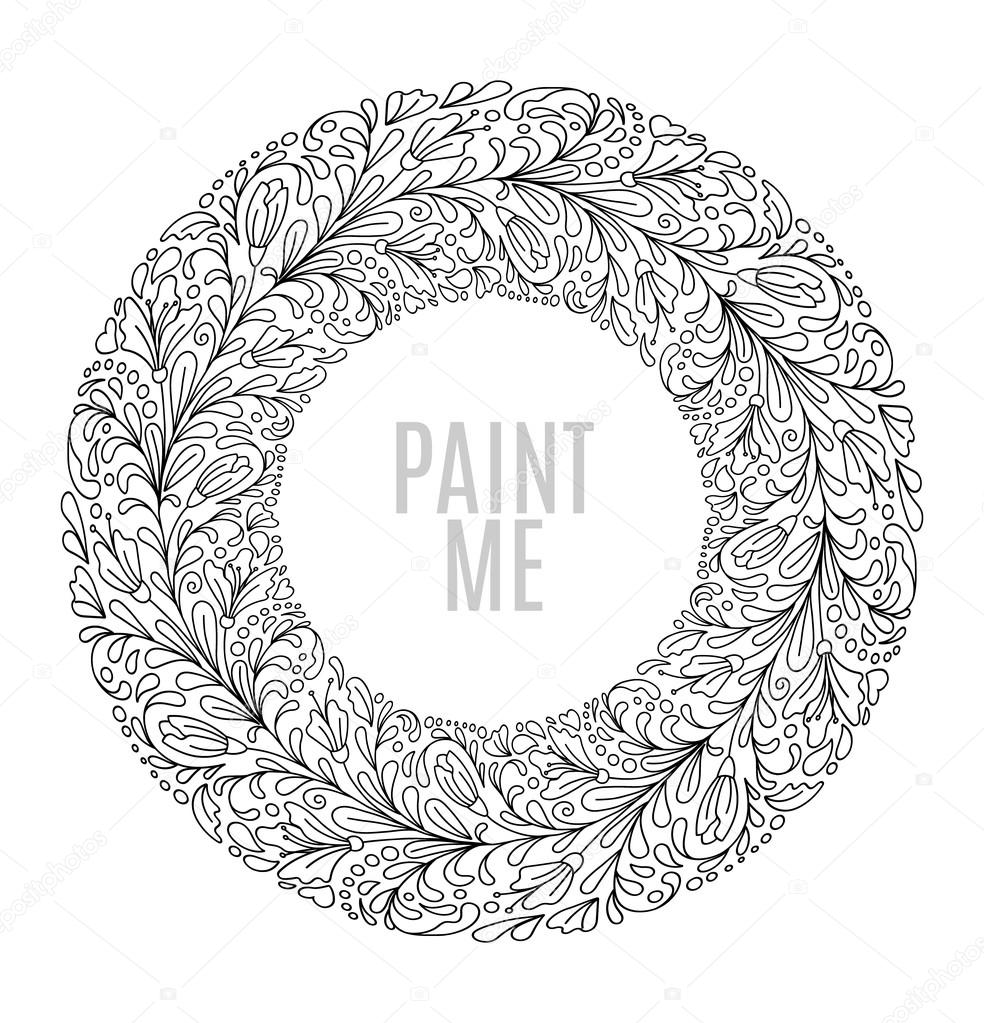 Round floral frame in Vintage style. Doodle flowers. Hand-drawn frame from flowering plants. Black and white. Design for postcard. Vector illustration.