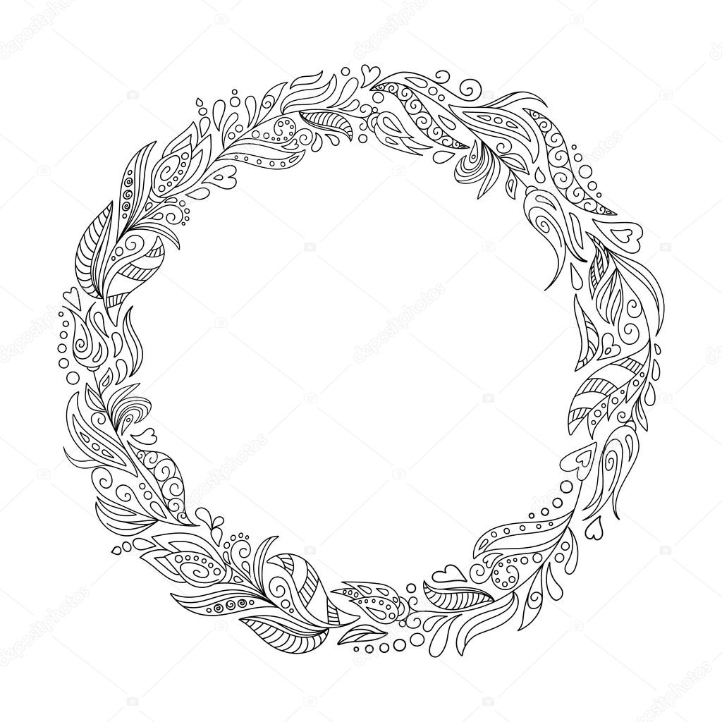 Vector Monochrome Floral Background. Hand Drawn Ornament with Floral Wreath. Template for Greeting Card. Coloring book page.