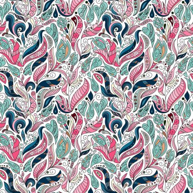 Vector seamless floral pattern in doodle style. Bright pastel pink blue pattern with flowers, hearts and leaves. Background for wallpaper, paper, greeting cards, invitations and tissues.