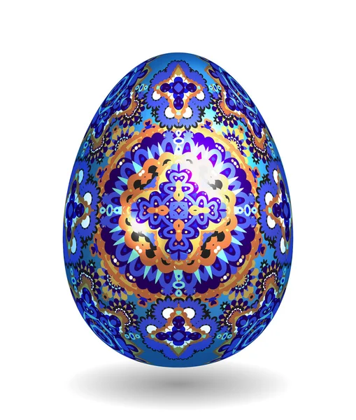 Huevo de Pascua de un solo vector colorido con patrón colorido abstracto: hermoso diseño de primer plano con sombra suave en el suelo. Oro y patrón adornado azul brillante en huevo azul . — Vector de stock