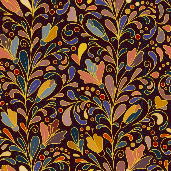 Fantasía flores patrón sin costura. Adorno floral sobre fondo oscuro para tela, textil, tarjetas, papel de regalo, plantilla de papel pintado. Motivo brillante ornamental — Vector de stock