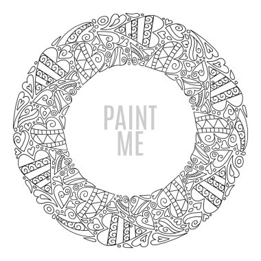 Hand drawn round frame, decorative design elements, circle hearts ornament, doodle  style. Color book page.