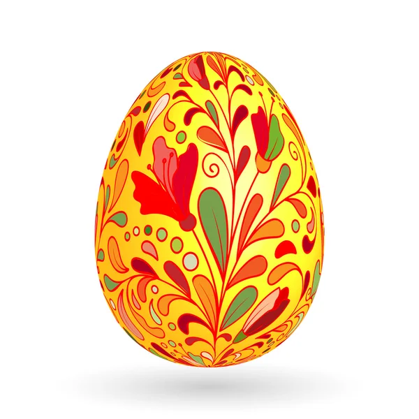 Huevo de Pascua colorido con adornos florales de garabatos. Patrón floral colorido en huevo amarillo . — Vector de stock