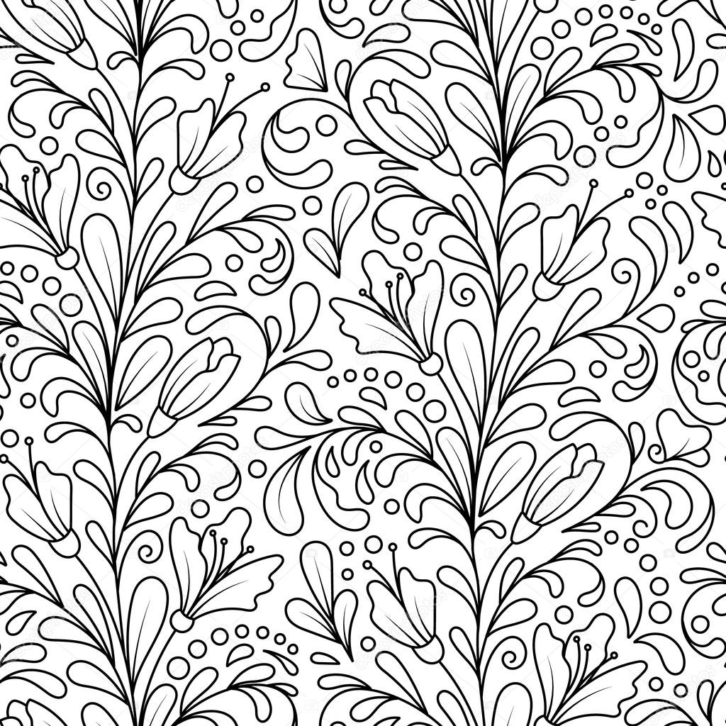 Vector seamless monochrome floral pattern. Hand Drawn Doodle Floral Texture, Decorative Flowers, Coloring Book