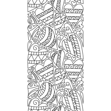 Vector doodle hearts seamless border. Zentangle decorative element. Color book page.