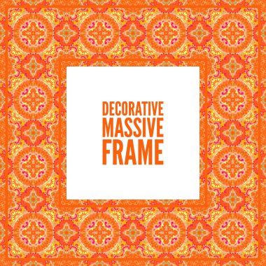 Decorative colorful square frame with lace ornament. Oriental style. Card template with place for logo and text. Vintage vector background, orange