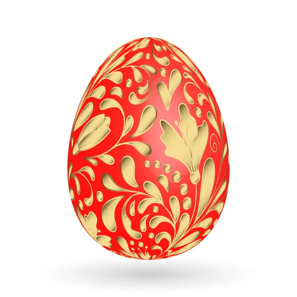 Ilustración vectorial de huevo de Pascua floral sobre fondo blanco. Patrón floral dorado sobre huevo rojo . — Vector de stock