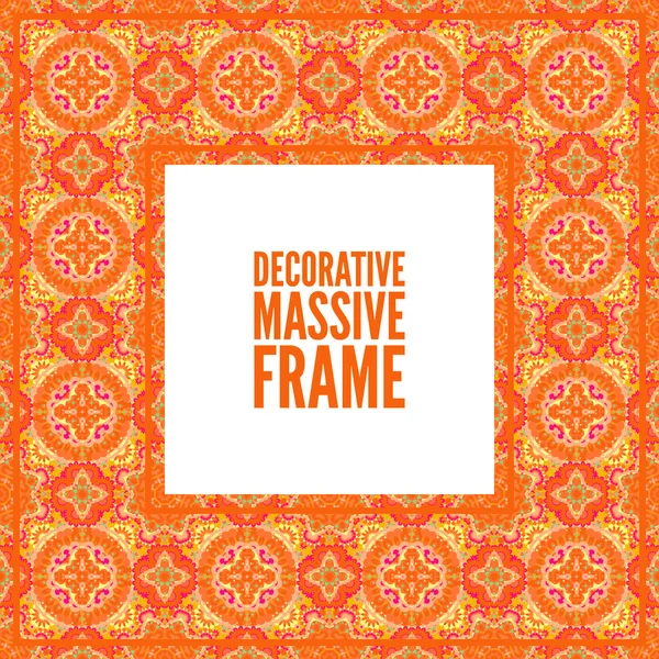 Decorative colorful square frame with lace ornament. Oriental style. Card template with place for logo and text. Vintage vector background, orange — Stock Vector