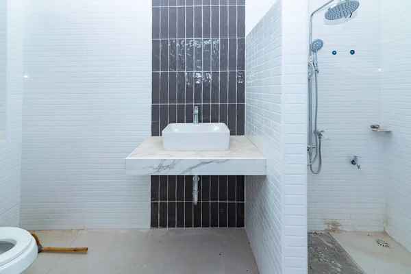 Ανακαίνιση Κατασκευής Master Bathroom Νέο Υπό Κατασκευή Εσωτερικό Μπάνιο Γυψοσανίδας — Φωτογραφία Αρχείου