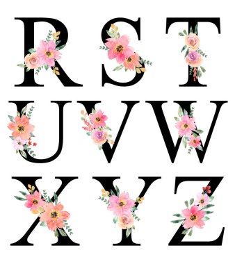 El Boyalı Suluboya Pembe Turuncu Çiçek Alfabesi Tasarımı