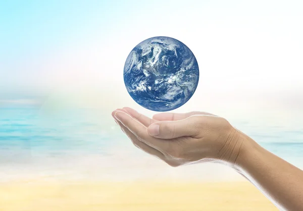 holding globe on a background blur sea