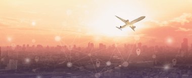 Küresel lojistik ağ ulaşımı, ağ bağlantı teknolojisi. Bulanık şehir iş geçmişi ile noktaları birleştiren çokgen.