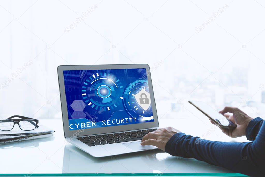 Cyber security concept. lock on keyboard laptop computer with data web on screen.