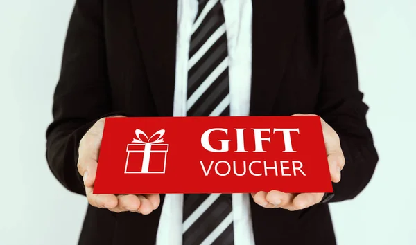 Gift Voucher Concept Businessmen Send Red Gift Voucher Card — Stock Photo, Image