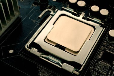 CPU with blank surface for writing texts. The CPU placed on the motherboard is the main circuit of the computer system. Technology and digital concept.