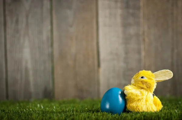 Påskharen med blå ägg på gräs — Stockfoto