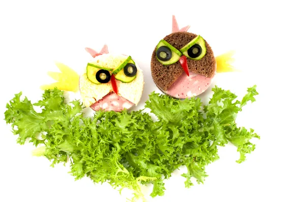 Funny sandwich Angry Birds for children, isolated on white backg — Stock Photo, Image