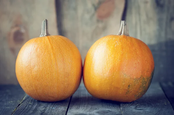 Two pumpkins lie on wooden board — Stock Photo, Image