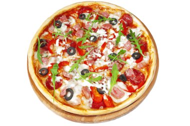 Pizza sucuk, salam, zeytin, pastırma ahşap stand ile