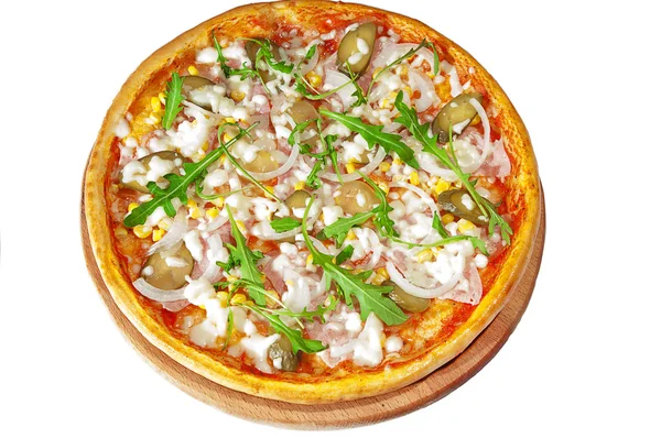 Pizza with ham, pickles, onions and corn — Stock Photo, Image