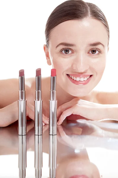 Young smiling woman with glamour red lipsticks — Stock Photo, Image