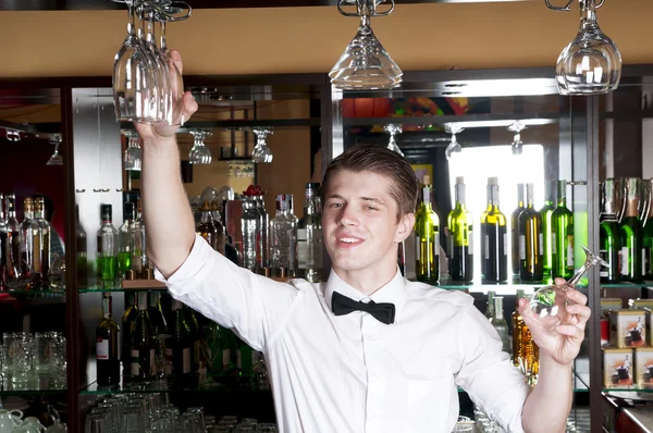 Belo barman trabalhando na frente do bar — Fotografia de Stock