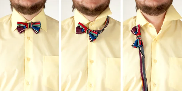 Set of colorful striped  bow tie with yellow shirt — Stock Photo, Image