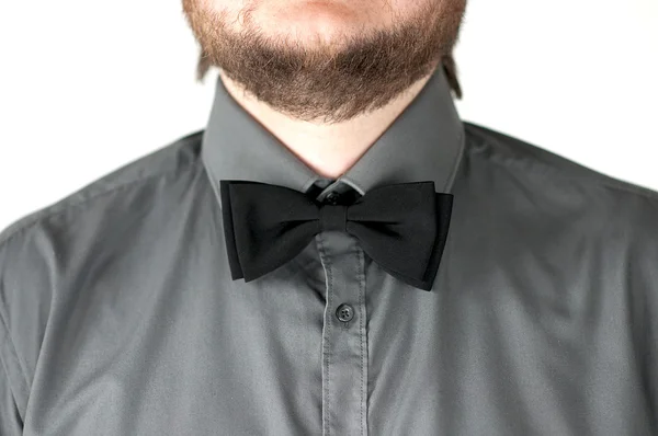 Svart fluga med grå skjorta på mäns hals — Stockfoto