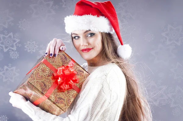 Santa girl with gift box isolated — Stock Photo, Image