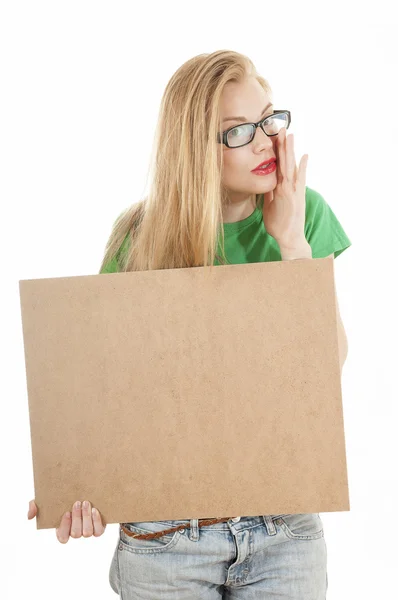 Young beauty girl holding empty wooden notice board — 图库照片