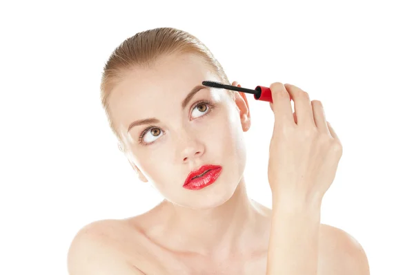 Beautiful woman applying cosmetics mascara brush — Stock Photo, Image