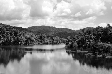 Göl ve yağmur ormanı bulutlar siyah ve w çarpıcı görünümü