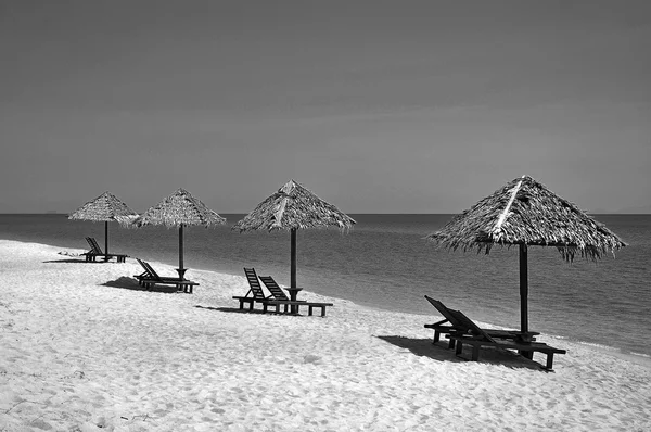 Sillas de playa y sombrillas en una hermosa vista panorámica de la playa i —  Fotos de Stock