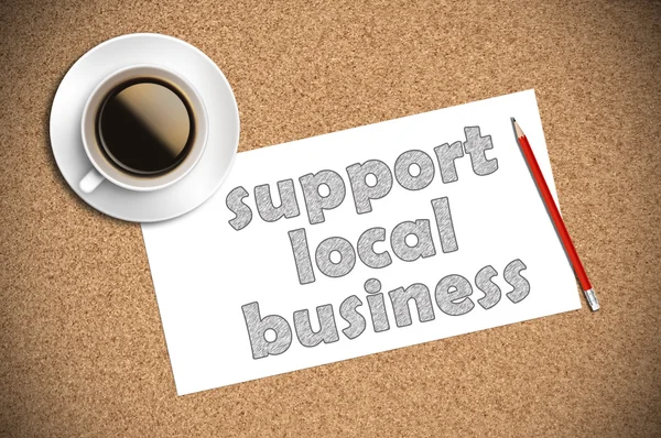 Coffee and pencil sketch support local business on paper — Stock Photo, Image