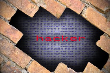 Veri güvenliği - tuğla duvarı Hacker kelime ile iş kavramı.