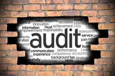 Denetim word Cloud içinde tuğla duvara delik