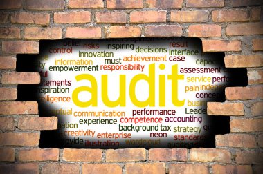 Denetim word Cloud içinde tuğla duvara delik