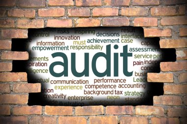 Denetim word Cloud içinde tuğla duvara delik